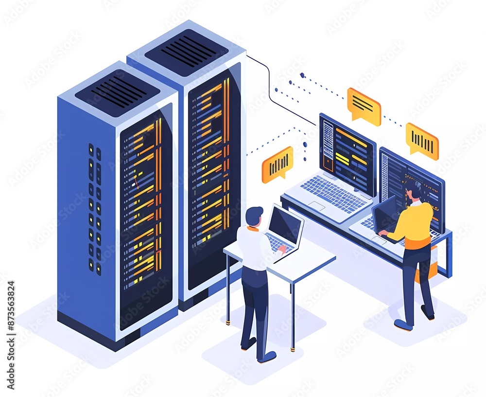 Aufkleber isometric illustration of computer servers and data center with man working on laptop, flat vector i