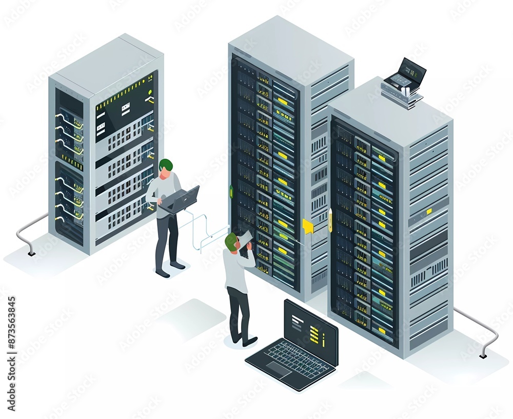 Aufkleber isometric illustration of computer servers and data center with man working on laptop, flat vector i