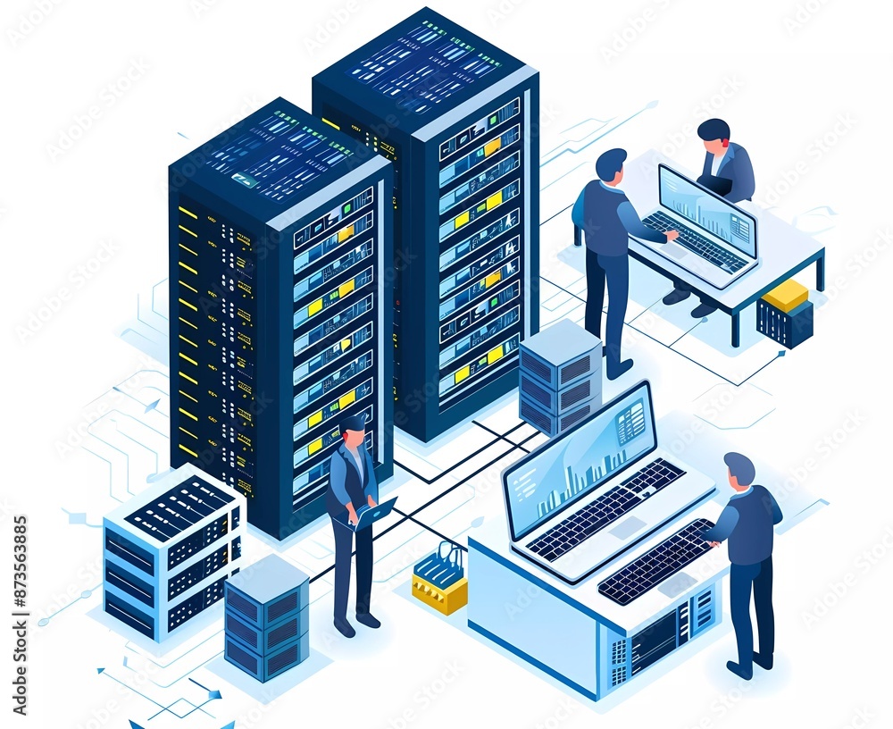 Aufkleber isometric illustration of computer servers and data center with man working on laptop, flat vector i