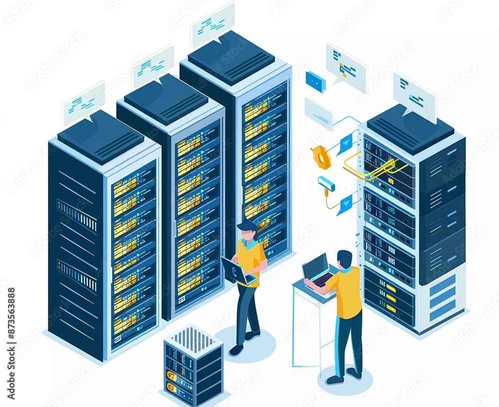 Poster isometric illustration of computer servers and data center with man working on laptop, flat vector i