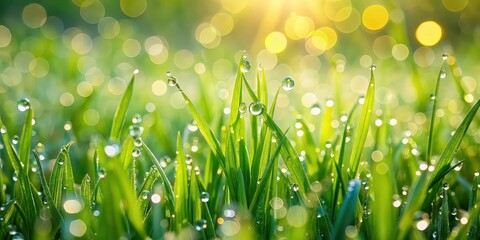 Fototapeta premium Morning dew glistening on green grass , nature, fresh, water droplets, dew drops, sunlight, serene, tranquil, garden