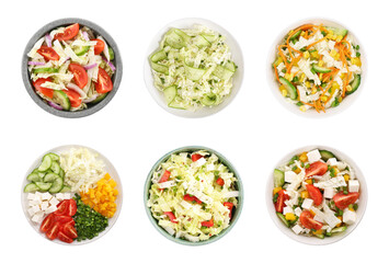Set of different salads isolated on white, top view