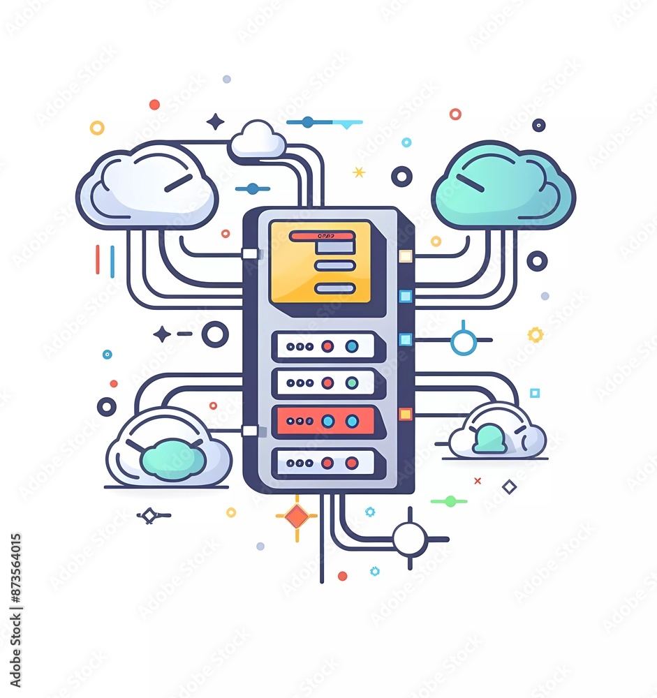Poster modern flat vector illustration of web development, servers and cloud with a white background, in a 