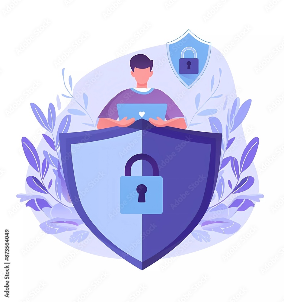 Poster illustration of a person using a laptop and shield with a lock symbol on a white background in a sim