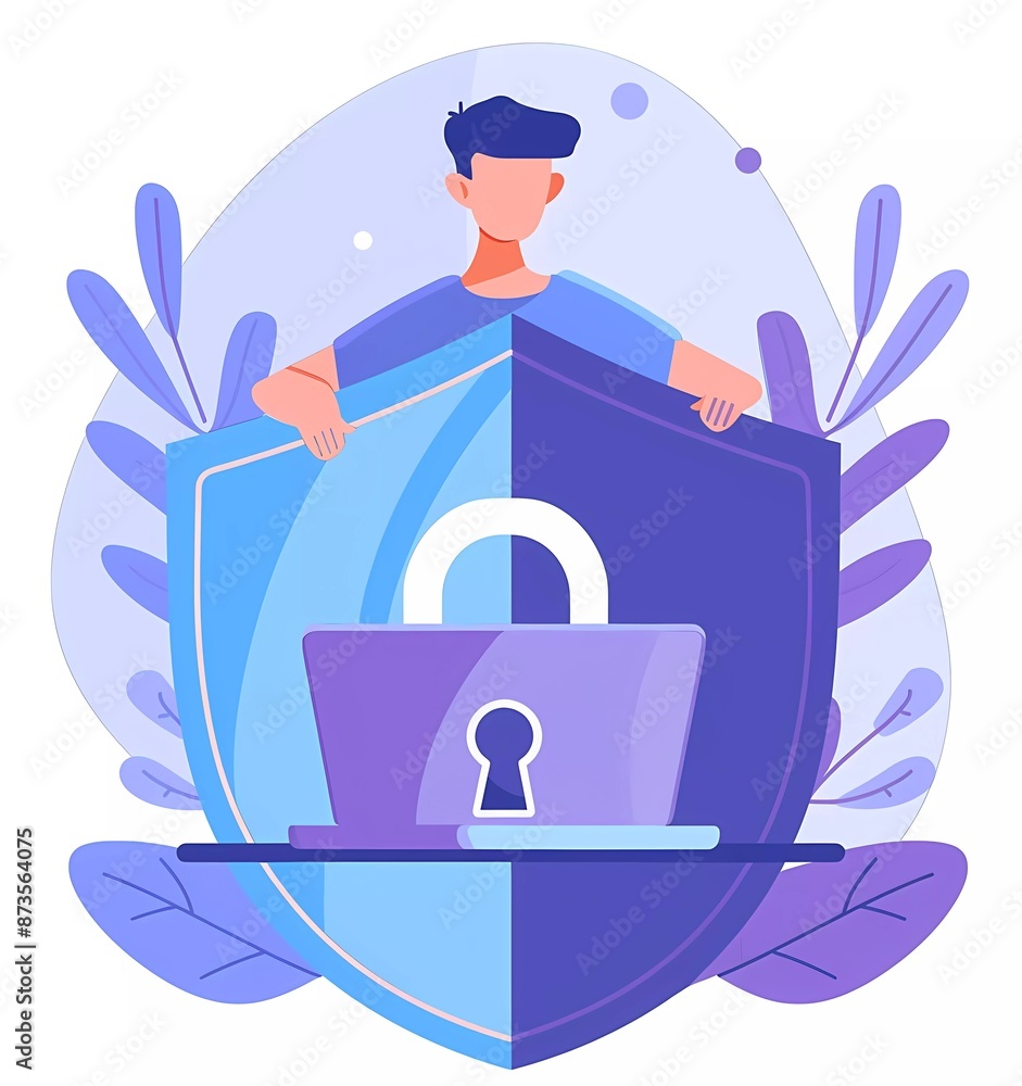 Poster illustration of a person using a laptop and shield with a lock symbol on a white background in a sim