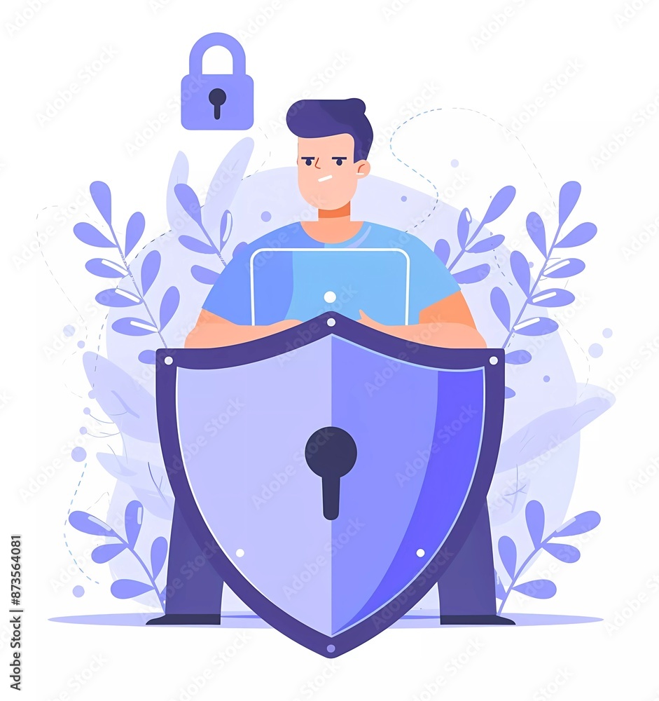 Poster illustration of a person using a laptop and shield with a lock symbol on a white background in a sim