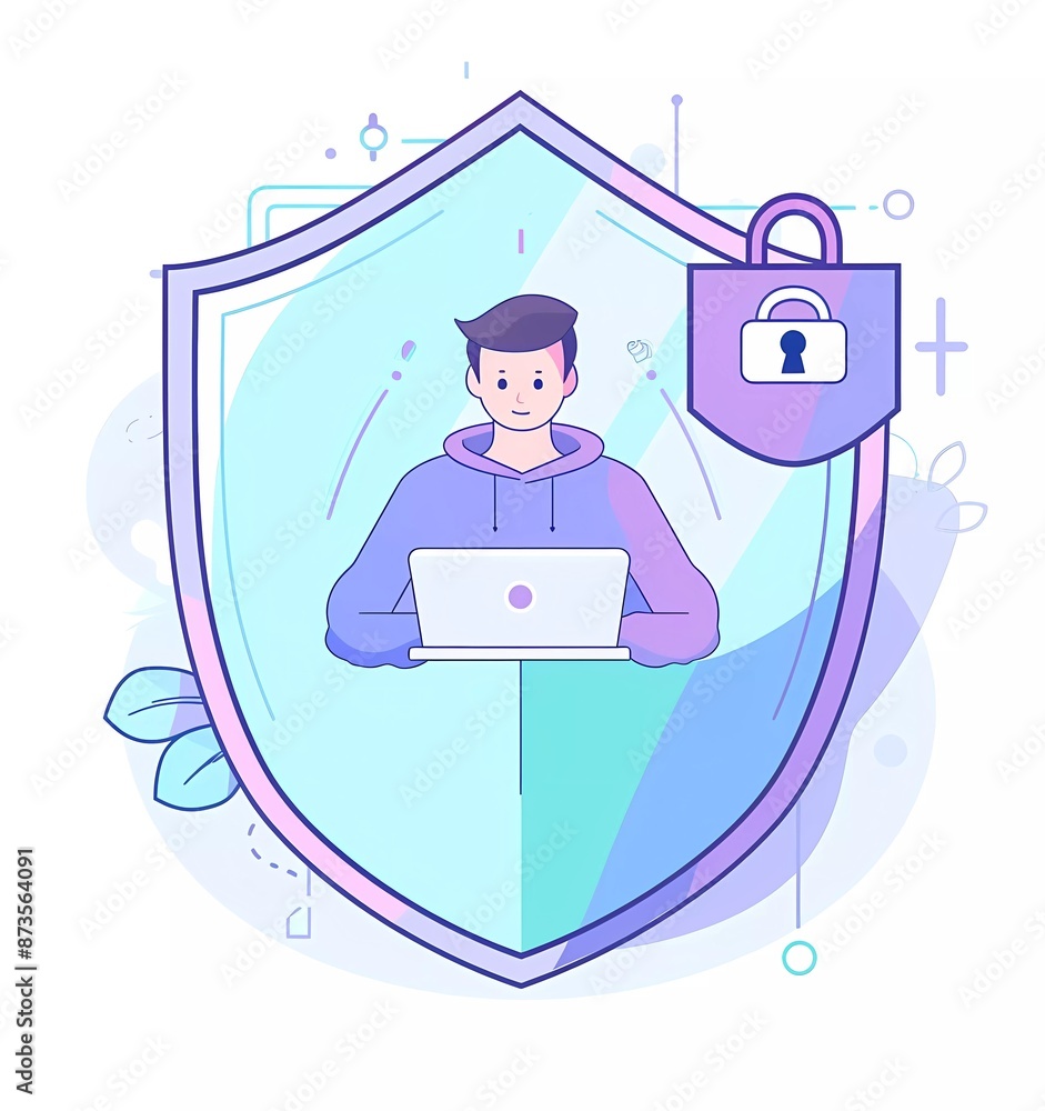 Poster illustration of a person using a laptop and shield with a lock symbol on a white background in a sim