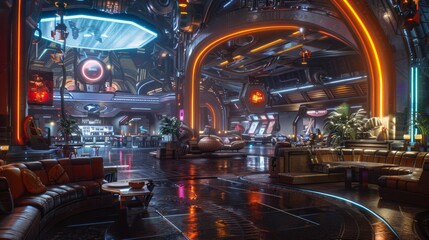 Futuristic lobby bar in cyberpunk style with neon lights