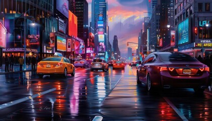 Oil painting on canvas of a bustling city street, rich and vivid colors, intricate details, dynamic urban scene, high definition, expressive brushwork, modern art style