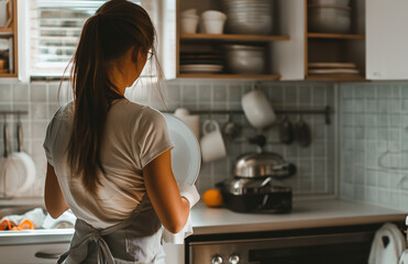 Woman, from behind, doing dishes in the kitchen 