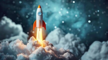 Rocket launching from clouds at night depicting startup business