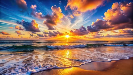 Fototapeta premium of a vibrant sunrise over the ocean with coastal waves , rising sun, sea, ocean, coastal, waves,acrylic paint