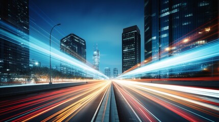 Light trails on the modern building background. Light trails at night in urban environment, Abstract Motion Blur City, traffic, transportation, street, road, speed