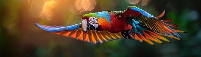 Parrot with striking colorful plumage in midflight