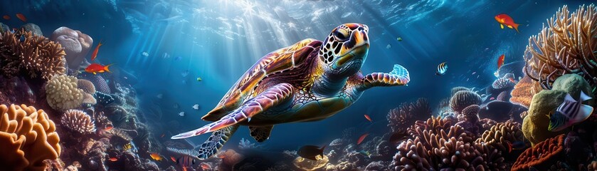 Sea turtle gliding through the ocean with schools of fish, rich and vibrant underwater landscape, high detail, high resolution, calm and serene movement, intricate coral formations