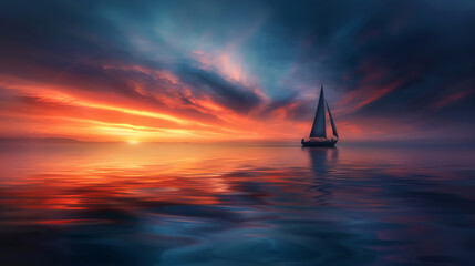 Fototapeta premium Sailboat gliding peacefully on calm waters under a vibrant sunset with colorful clouds, creating a serene and picturesque seascape.