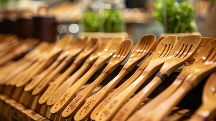 A display of reusable bamboo utensils a sustainable alternative to disposable plastic utensils with the conference logo engraved on the handles..