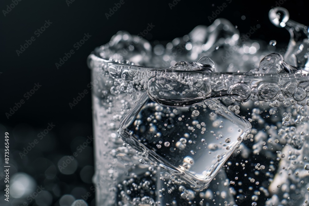 Poster closeup of a clear ice cube creating a dynamic splash in a glass of water, with bubbles and ripples