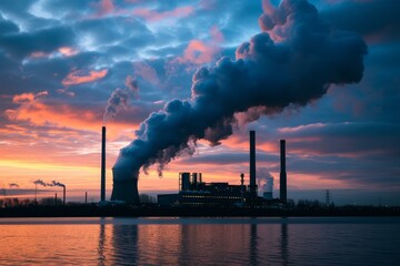Polluting factory silhouette at sunset with smoke clouds against a vibrant sky