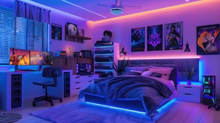Modern Gaming Bedroom with Neon Lights