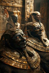 Mummified Guardians Stirring to Life in Ancient Egyptian Tomb with Decorated Sarcophagi and Towering Hieroglyphic Columns