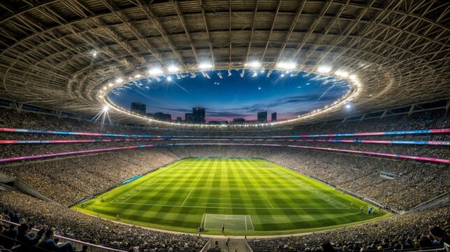 Panoramic view of a large football stadium during a match