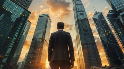 Businessman looking up at skyscrapers at sunset