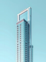 a modern skyscraper with a sleek design against a clear blue sky.
