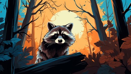 Raccoon perched in a tree flat design front view woodland theme animation Triadic Color Scheme