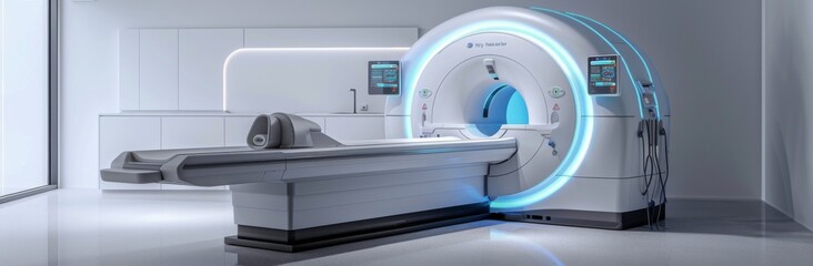 Modern Medical Imaging Machine With Patient Table in Examination Room
