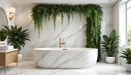 Marble Paradise: An exquisite spa-inspired bathroom showcasing white marble countertops, an oval freestanding bathtub, and hanging planters overflowing with lush greenery.