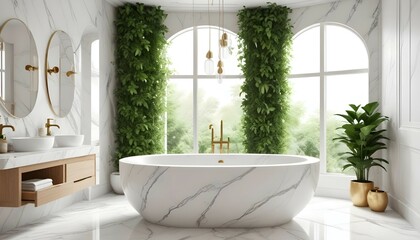 Marble Paradise: An exquisite spa-inspired bathroom showcasing white marble countertops, an oval freestanding bathtub, and hanging planters overflowing with lush greenery.