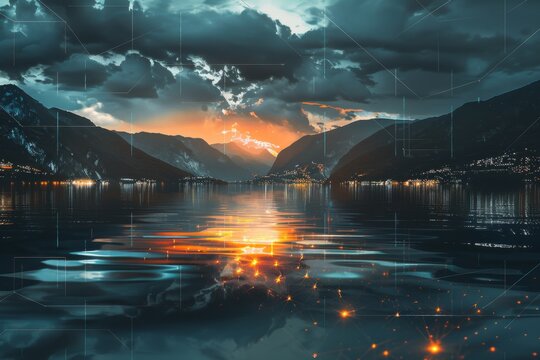 Futuristic cityscape reflecting in lake at sunset with digital overlay - Powered by Adobe