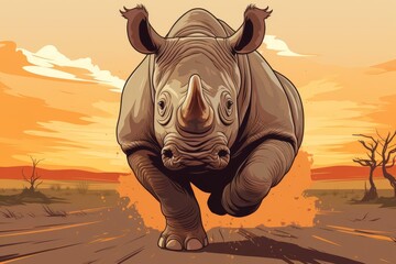 Rhino charging forcefully flat design front view savanna theme animation vivid