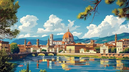 Fototapeta premium Vintage travel poster of Florence, flat design of Duomo, Renaissance art and charming alleys,