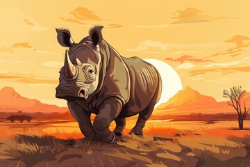Rhino charging forcefully flat design front view savanna theme animation vivid