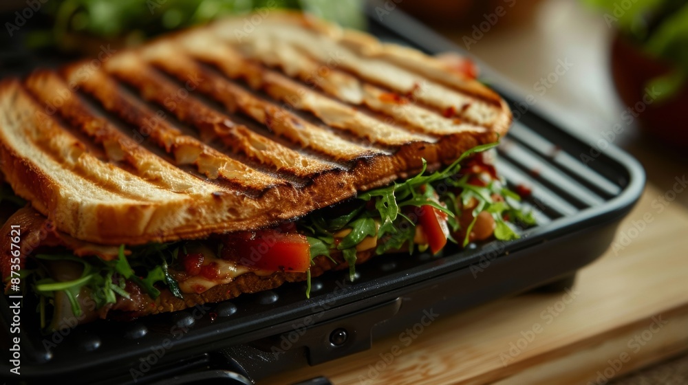 Poster the handle of the panini press is coated in a smooth dark red material providing a comfortable grip 