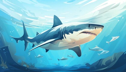 Fototapeta premium Shark gliding ominously flat design front view underwater theme animation Triadic Color Scheme