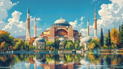  Vintage travel poster of Istanbul, flat design of Hagia Sophia, bazaars and Bosphorus views,