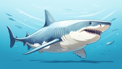 Fototapeta premium Shark gliding ominously flat design top view deep ocean theme cartoon drawing vivid