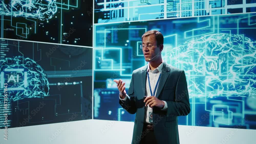 Aufkleber smiling public speaker hosting ai convention gathering tech startups managers and academics. it expe
