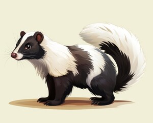 Skunk with tail raised defensively flat design top view forest theme cartoon drawing vivid