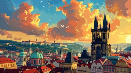  Vintage travel poster of Prague, flat design of Astronomical Clock, medieval charm and bustling squares,