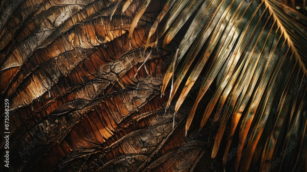 Poster texture and details of brown palm tree trunk in jungle setting for abstract background with copy spa
