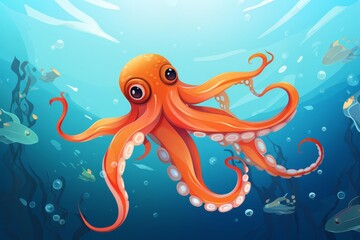 Obraz premium Squid jetting through water flat design top view ocean theme cartoon drawing vivid