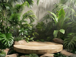 Obraz premium wooden podium in tropical forest for product - ai