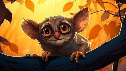 Tarsier clinging to a branch with large eyes flat design top view jungle theme cartoon drawing vivid