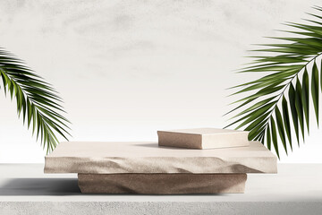 Beige stone podium with palm leaves for product display. Mock-up for exhibitions or presentation of luxury items or tropical products. 3D rendering.