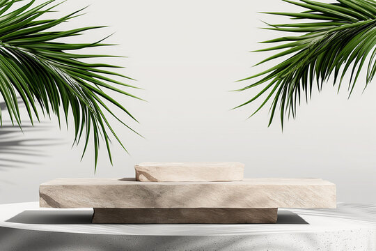 Beige stone podium with palm leaves for product display. Mock-up for exhibitions or presentation of luxury items or tropical products. 3D rendering.