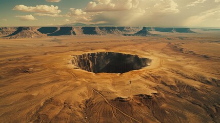 Man contemplating immense sinkhole in the middle of the desert